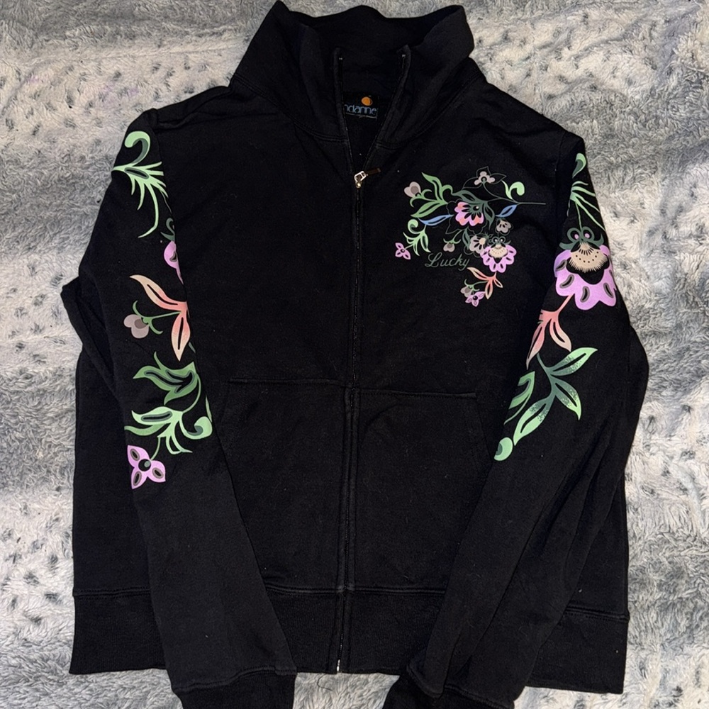 Women’s or Men’s Mandarine Lucky Black Zip Up Hoodie! Women’s Large w Flowers!